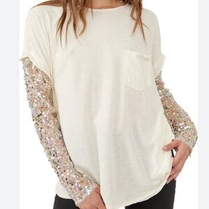 Free People Celine Sequined Sleeve Tee - XS